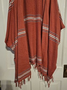 Striped Rust-Orange Fringed Poncho